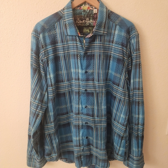 Robert Graham Blue Plaid Abstract 100% Cotton Button Down Shirt Mens 2XL - Picture 1 of 6